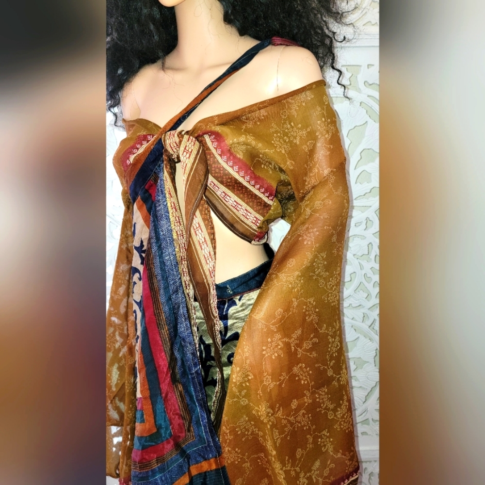 Exotic Boho Silk Muted Gold Multicolor Cropped Tie Front Top & Wrap Skirt